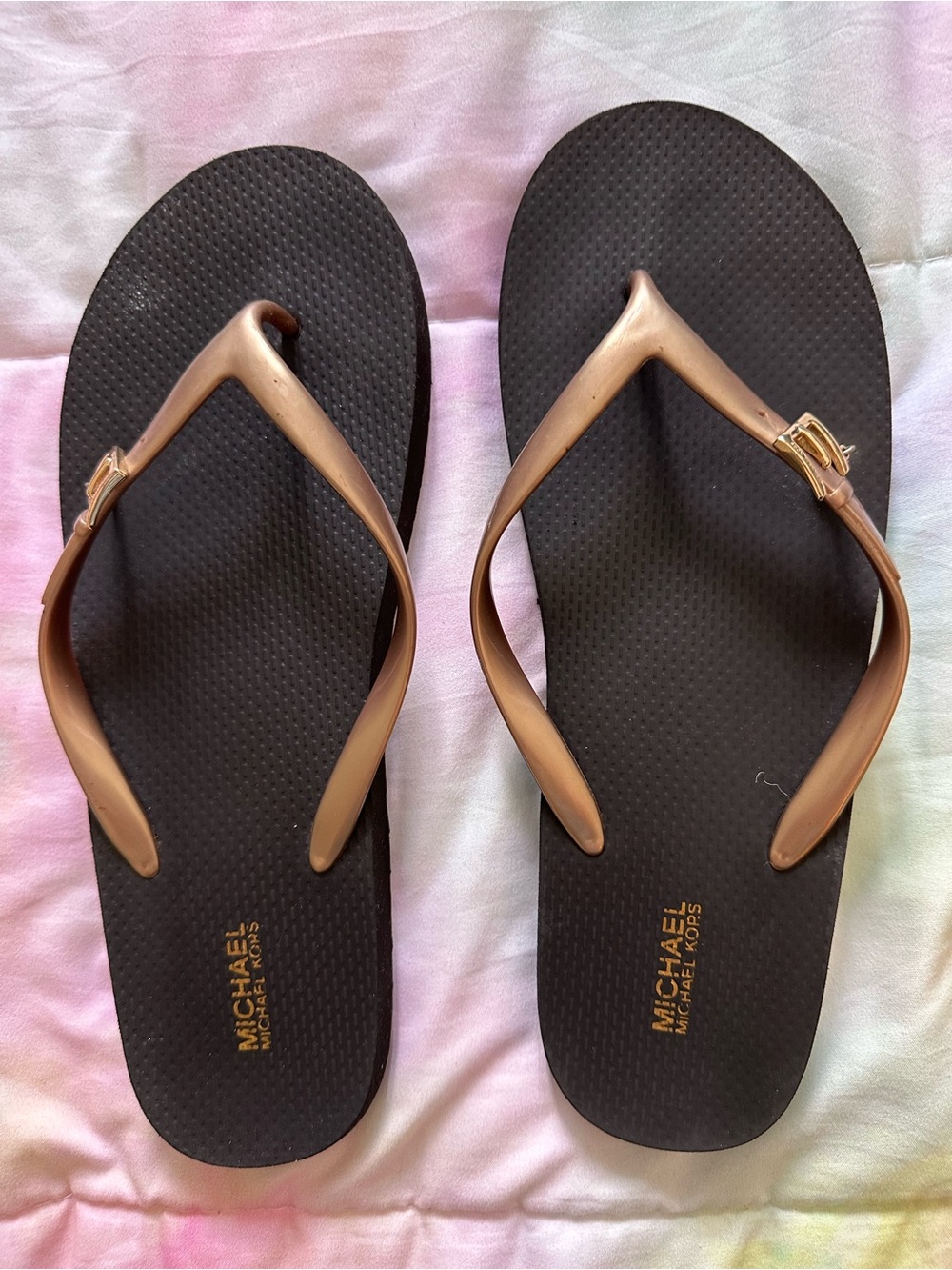 Michael Kors Black Flip Flops with Rose Gold Straps and Logo Accent